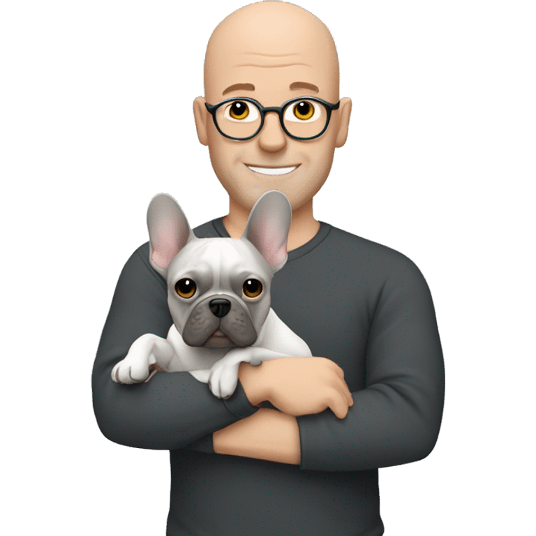 Bald man holding dark grey french bulldog  emoji