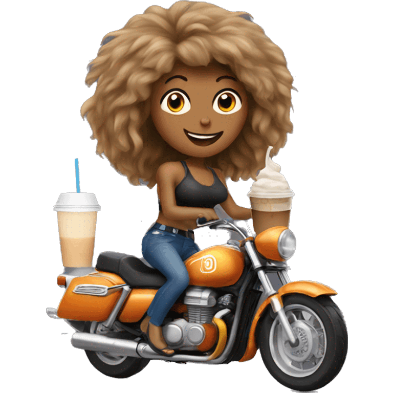 Tina Turner riding a motorbike and drinking iced coffee emoji