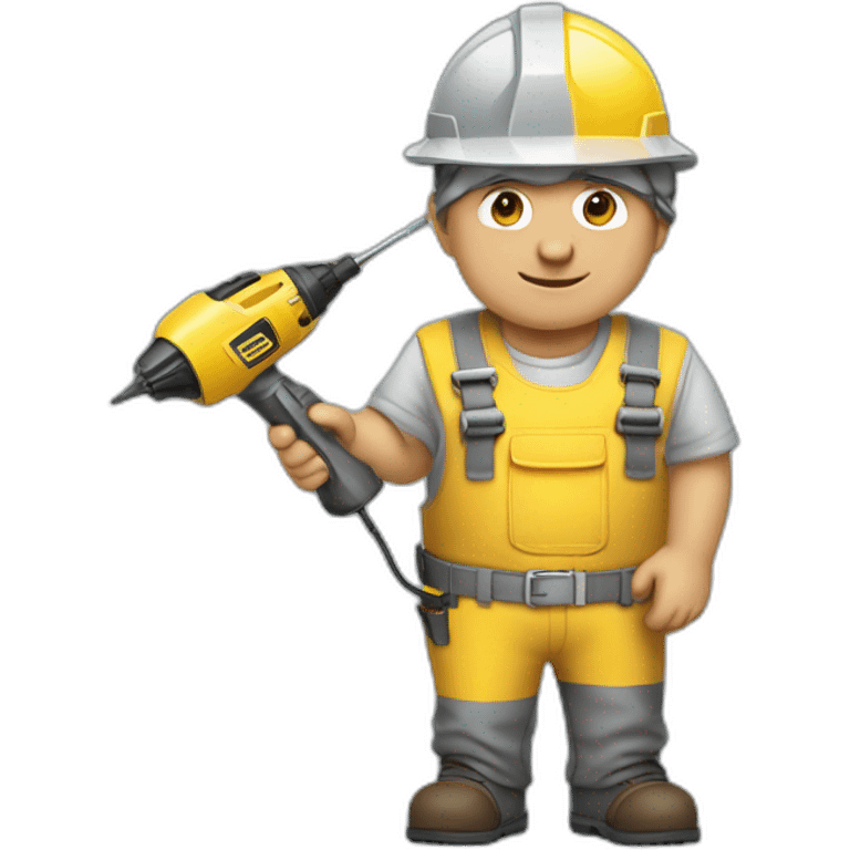 Middle-aged man, dressed in a yellow engineer helmet and gray overalls, holding an electric tool. emoji