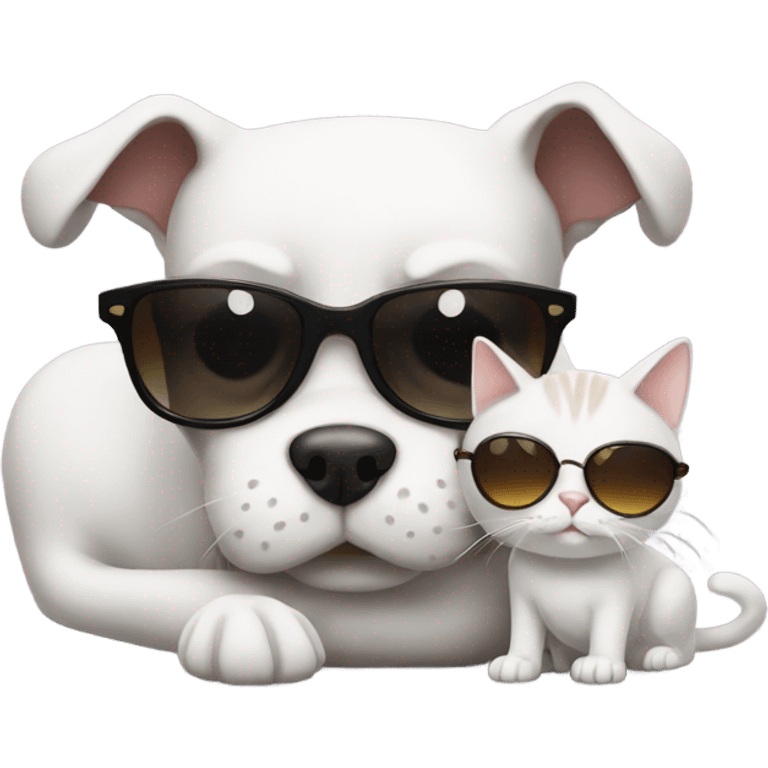 Dark dog wearing sandals biting white cat with sunglasses emoji