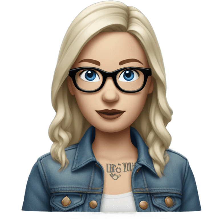 Create a Hyper Realistic pale beautiful tattooed 3D woman with glasses and blue eyes wearing denim jacket emoji