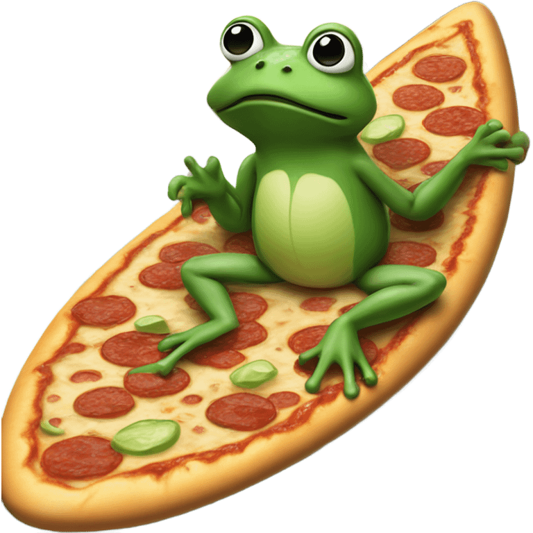 Frog on a surfboard eating a pizza in the middle of New York City  emoji