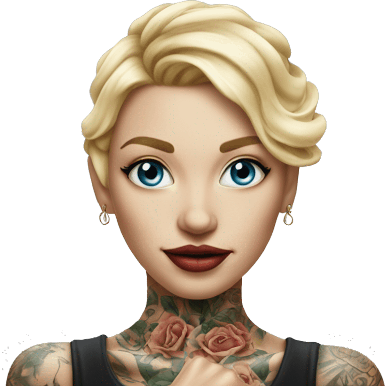 Blonde elegant women, her Body Covered with Tattoos, POINTING YOU with her HAND , Hyper realistic emoji