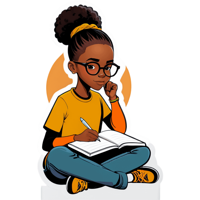 Black girl with glasses and a long shaved sides haircut writing in a journal emoji