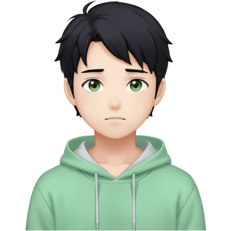 Gorgeous pastel green sweater black hair anime style shojo guy with blushing face and, hoodie, aesthetic, young adult, trending style, outside, vedal987 emoji