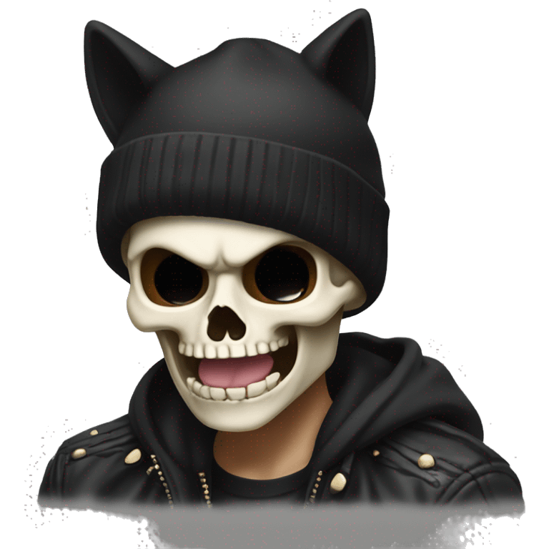 Skull wearing a black beanie with cat ears doing the rock and roll hand sign with his tongue out emoji