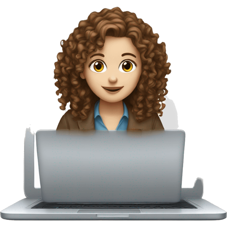 A white girl with brown, curly hair and blue eyes is working on a laptop emoji