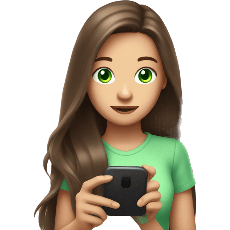 Create a brunette girl with long hair and a pink lock of hair, with green eyes, holding a phone, the light from the phone should fall on the girl emoji