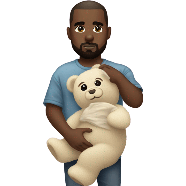 Kanye West holding a teddy bear with rainbow eyes emoji