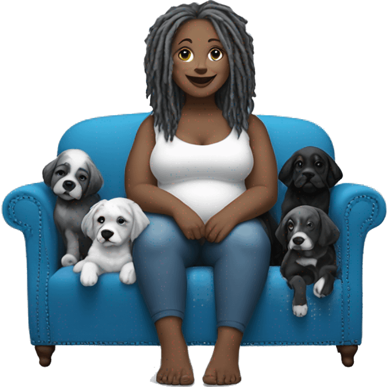 Fair skinned plus sized lady with gray dreadlocks sitting on blue sectional sofa with 9 2 toned black and white puppies  emoji