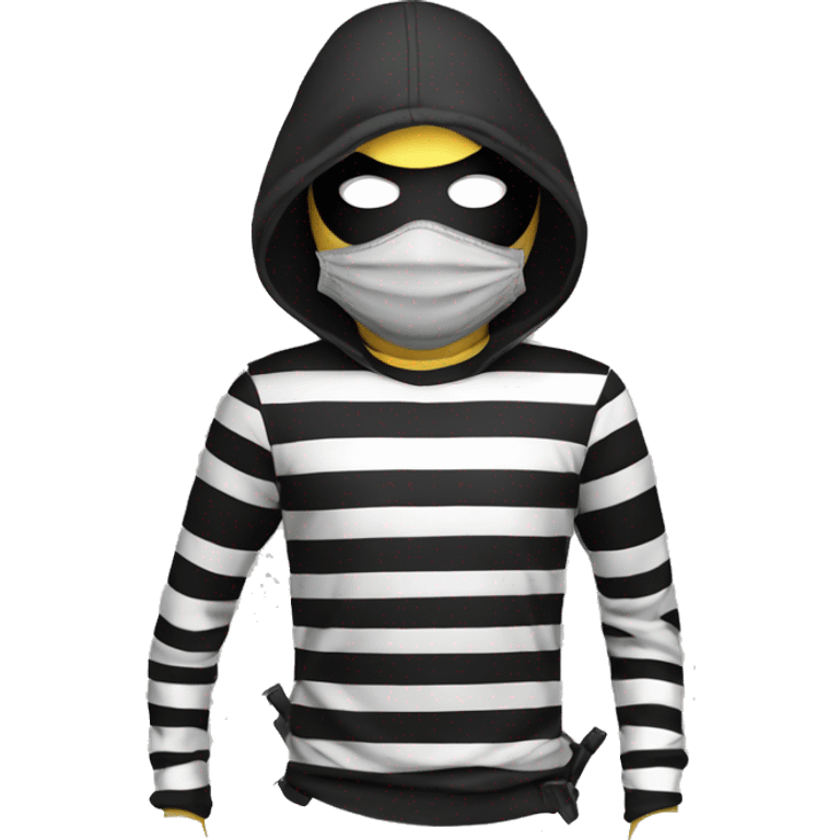 a masked robber in a black and white striped T-shirt with a bag with a dollar painted on it emoji