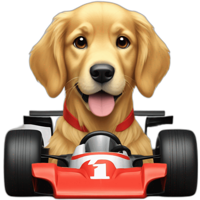 Golden retriever in a f1 car emoji