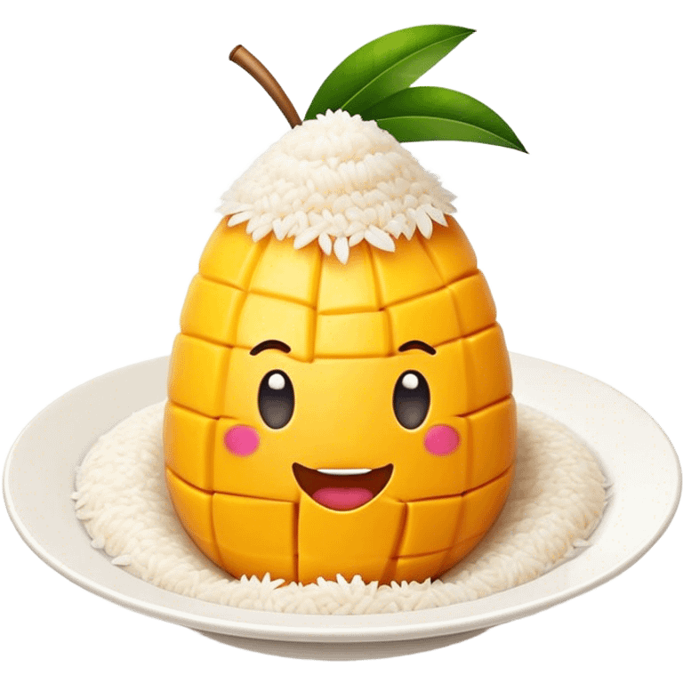 Cinematic Realistic Mango Sticky Rice Dessert Emoji, showcasing sweet sticky rice paired with ripe mango slices and coconut milk rendered with lifelike detail and warm, inviting lighting. emoji