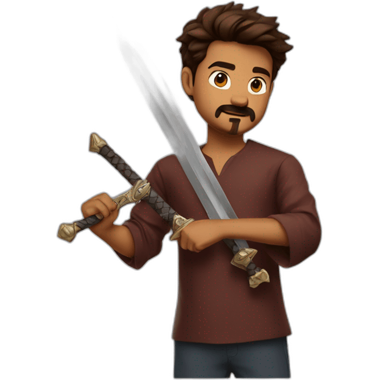 Leo THALAPATHY Vijay holding a Sword wearing a marron Full sleeve shirt  emoji