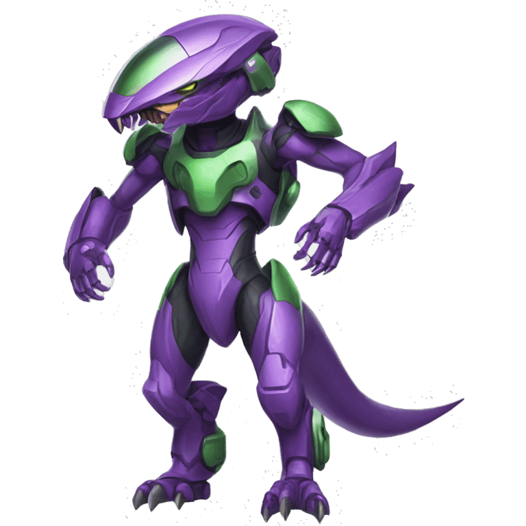 a purple-green Genesect-Raptor-Fakémon—hybrid with a futuristic visor-helmet full body emoji