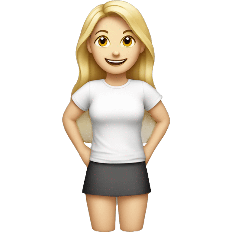 Cute dark mid long blonde Caucasian woman smiling in white t-shirt  emoji