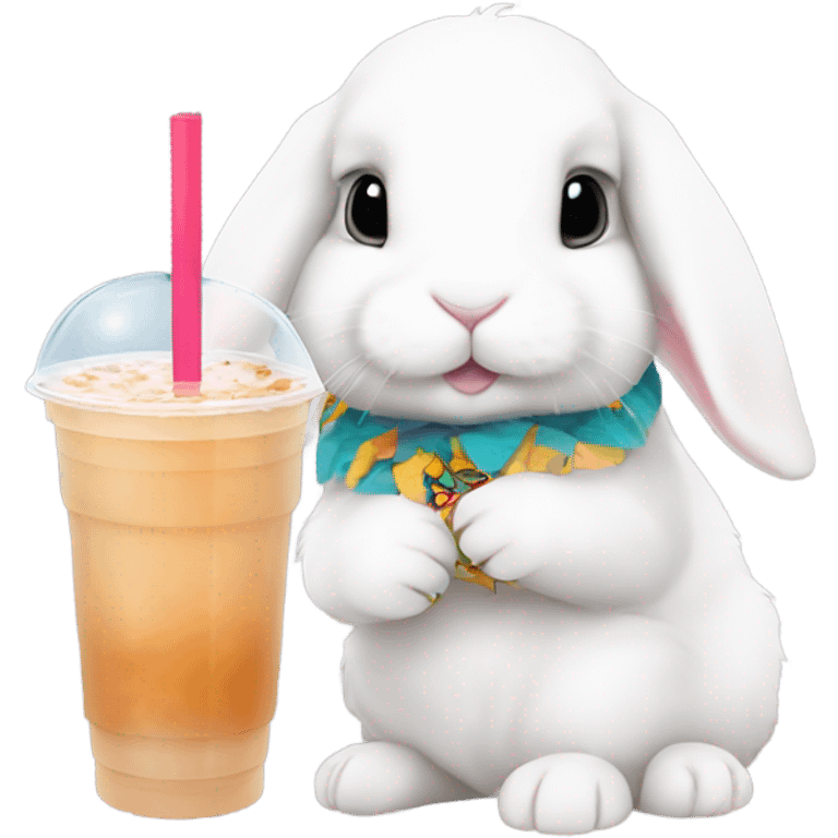 White mini lop rabbit drinking boba tea emoji