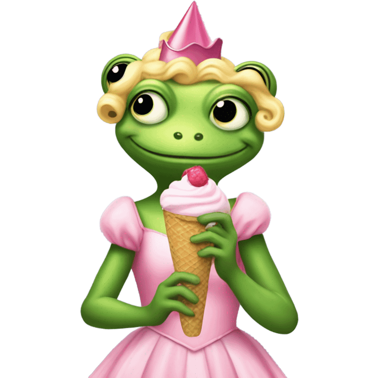 Frog eating ice cream and wearing a pink dress for wicked playing as glinda emoji