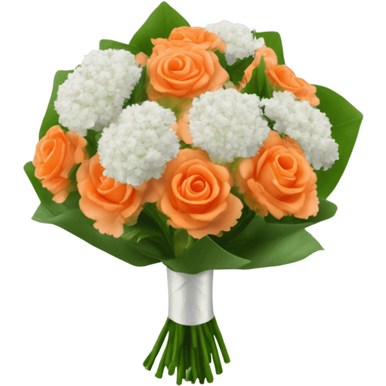 A boquet wrapped in an orange and white, that has White carnations that has pink tips, with baby’s breath and green leaves emoji