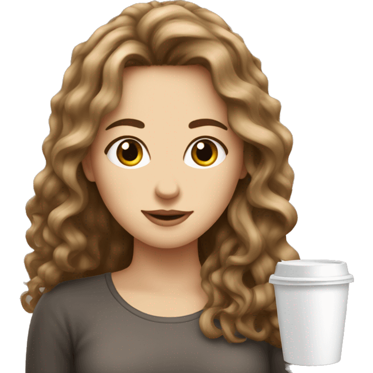 Brown wavy haired white girl with a coffee emoji