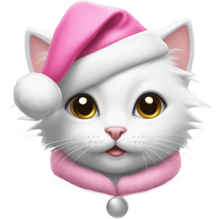 Cute White kitten wearing pink Santa hat and pink Santa Coat emoji