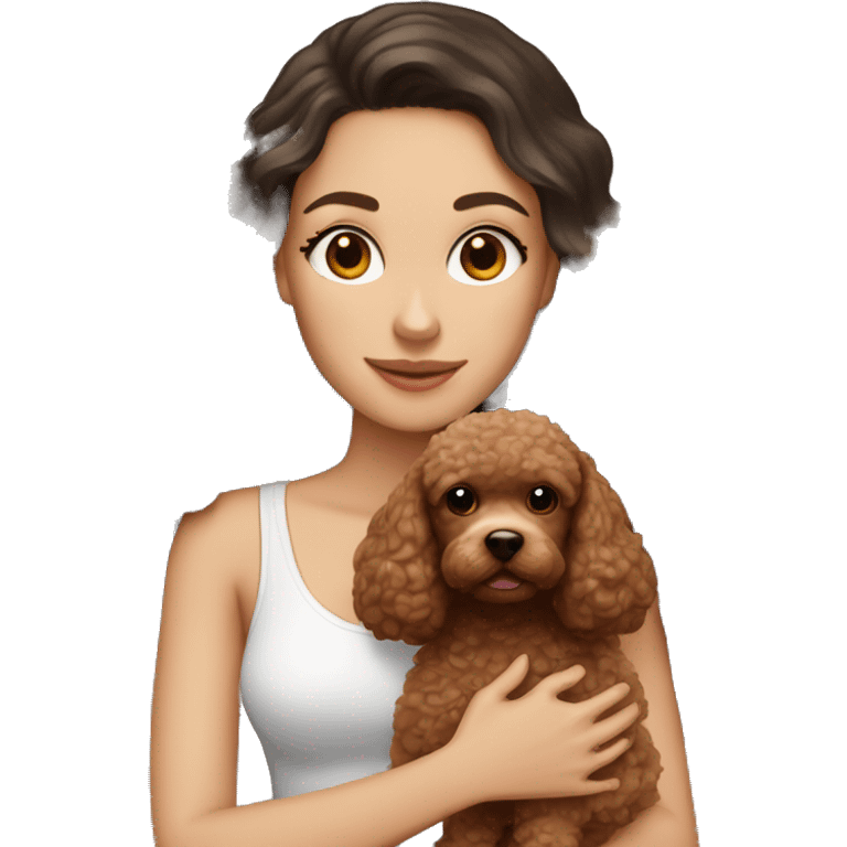 white girl with long dark hair and holding a brown toy poodle  emoji