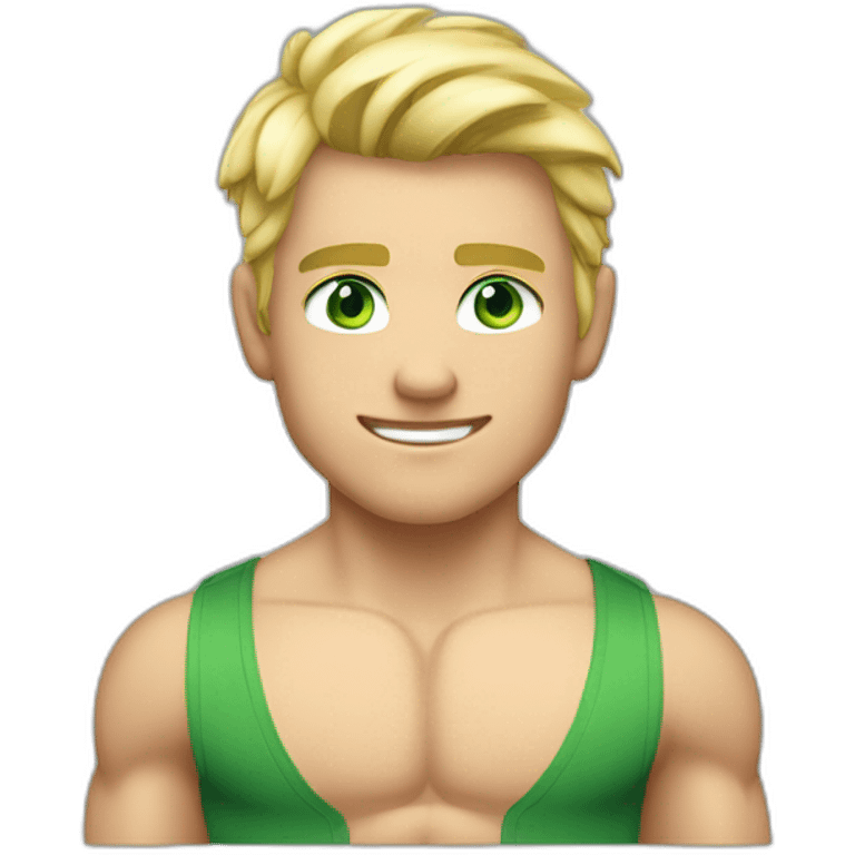 Muscular boy, shirt off, blond hair, green blueish eyes emoji