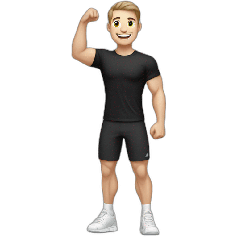 Joyful Celebrating victory Pale skinned Fit Man With the biceps and dark brown hair in black shirt, gray sports shorts and white Sneakers emoji