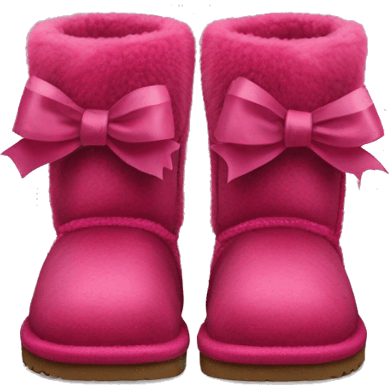 Realistic pair of raspberry color Ugg fur boots with ribbon bows. emoji