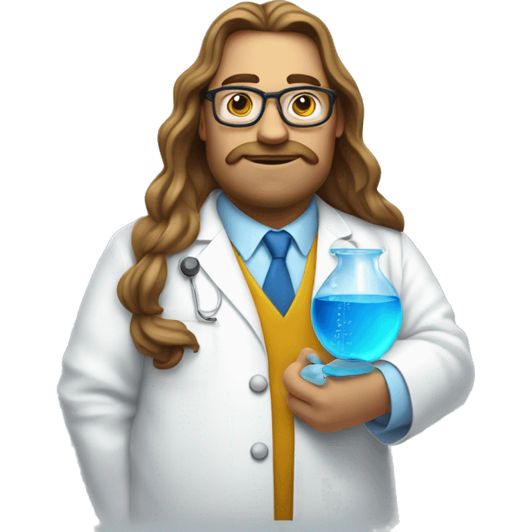 a fat chemist in a white coat with long wavy hair holding a beaker with bright blue liquid emoji