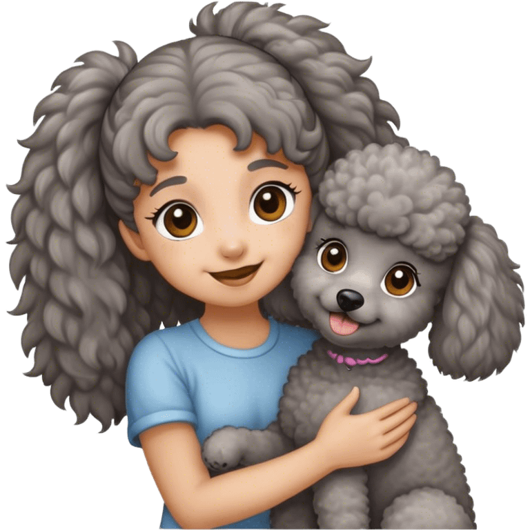 A Grey poodle held by a brown ponytail girl emoji