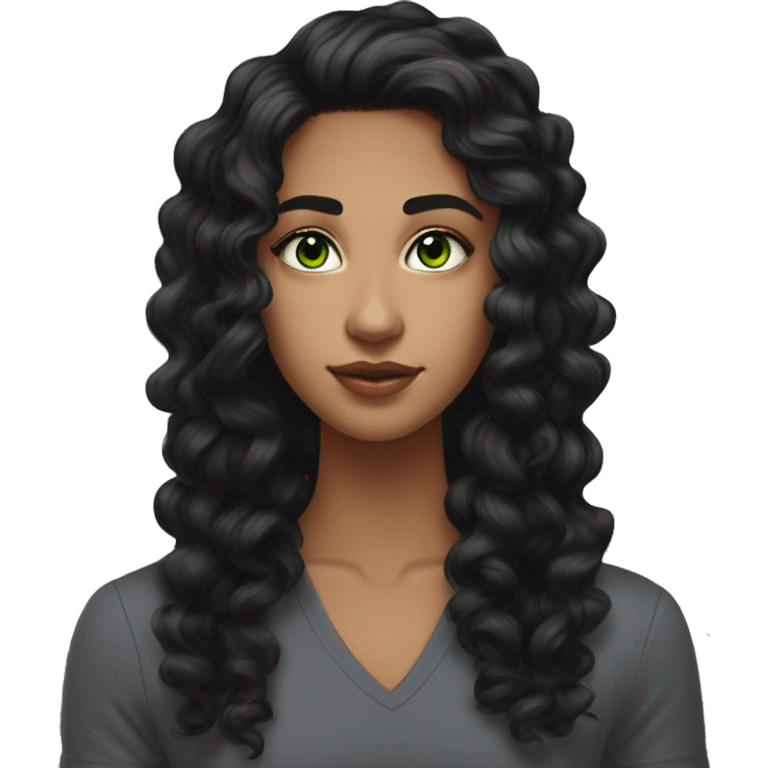 long curly black hair,eyes with a hint of green, eyes positive  canthal tilt ,medium thick shaped eyebrows , and medium thin lips, round face shape, soft jawline, full body, teen, sensual, american emoji