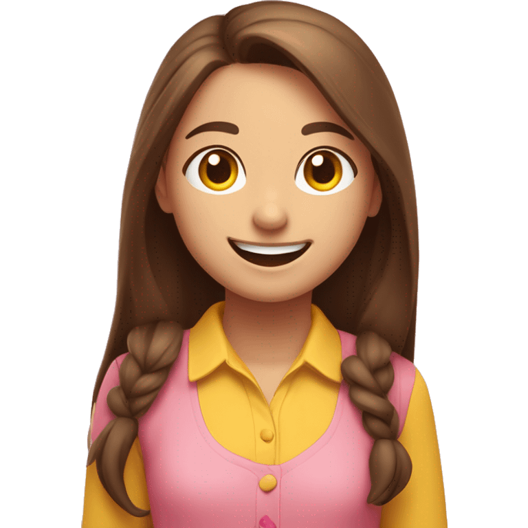 A happy animated girl with long brown hair and a yellow-collared shirt joyfully smiles alongside a cheerful emoji on a pink background. emoji