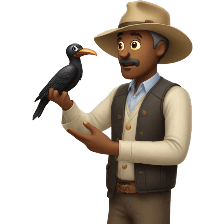 A man trying to shoo away a bird while holding a hat in his hand. emoji