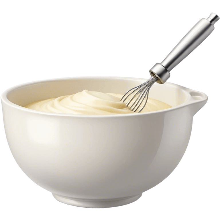 Cinematic Realistic Whisk & Mixing Bowl, a well-used metal whisk resting in a smooth ceramic mixing bowl, light reflecting off the whisk’s polished surface, subtle smears of batter along the rim, glowing with a sense of warmth and creativity. emoji