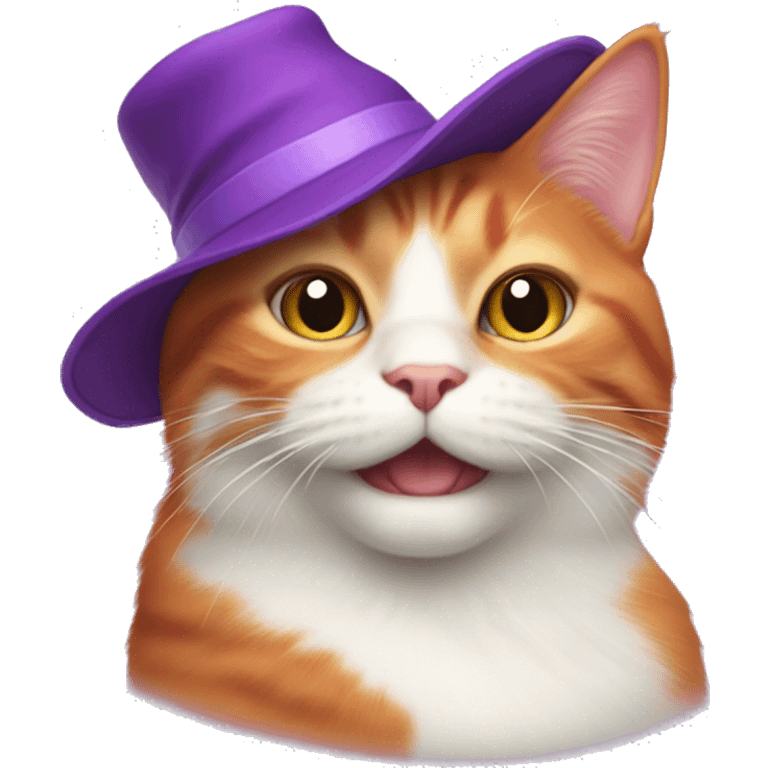 Red and  whiwhite cat on the mat with purple hat emoji