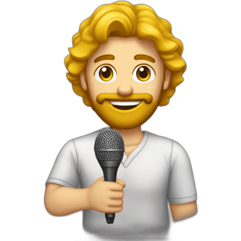 Presentador de espectáculo joven con barba y el pelo amarillo con el micrófono en la mano emoji