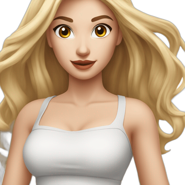 hyperrealistic caucasian long blonde hair brown perfect eyes woman white v-neck strapless top gray tight mini skirt walking towards camera emoji