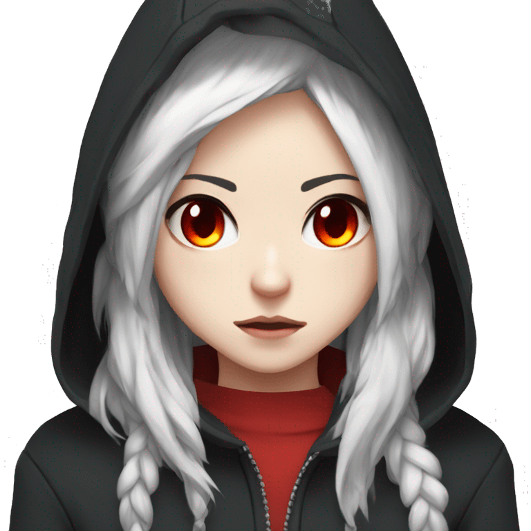 angry white-haired gamer girl with red eyes in a black hoodie, anime style emoji