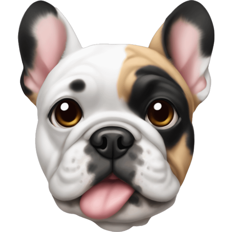 Frenchie with one eye with black patches of fur around eye area and one eR emoji