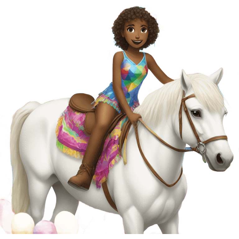 Girl riding a white horse with party clothes emoji