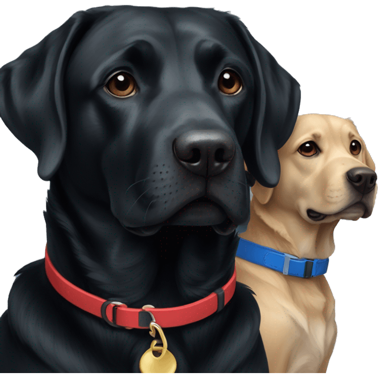 Only 2 dogs, both black labradors. The one on the left should be a bit bigger. The dog on the left should have a red collar and the dog on the right should have a blue collar. emoji