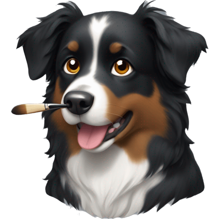 Small black australian shepherd dog with paintbrush  emoji