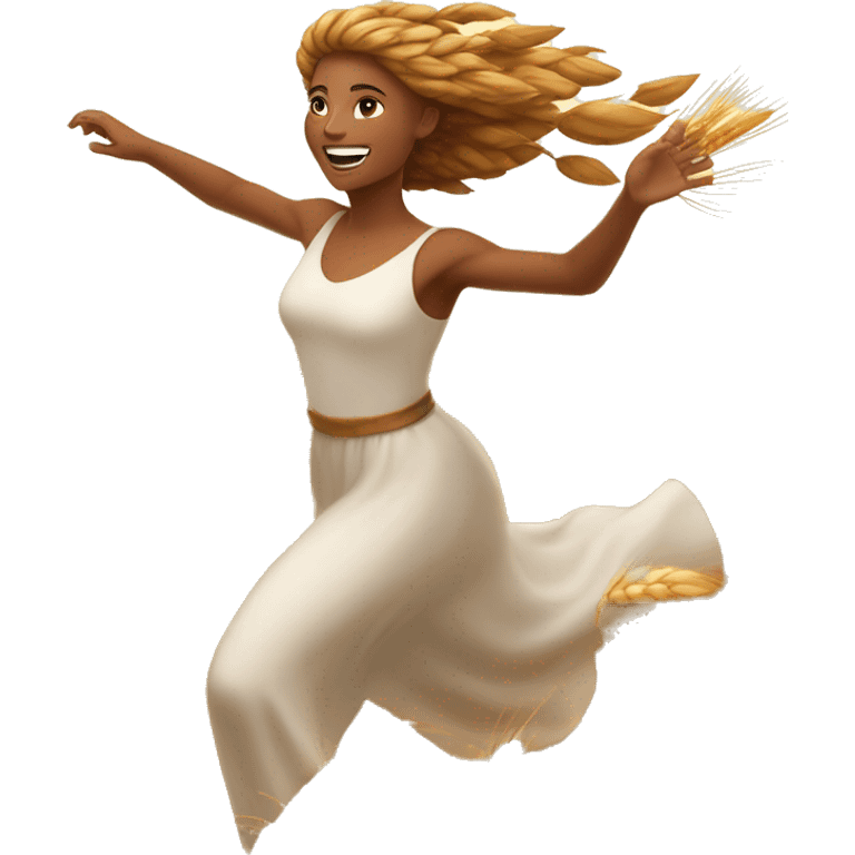 wheat harvest goddess, golden brown hair, sprinting with large stride and arms outstretched emoji