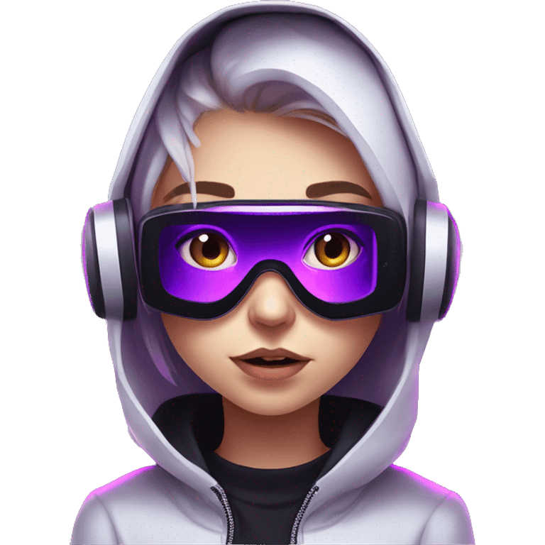 Russian girl wearing black hoody with violet letters "OMG", in vr headset. Cyberpunk style. Violet neon. emoji