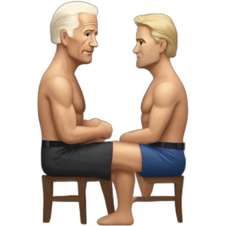 joe biden wearing a skirt, thong, and no shirt sitting acting out that scene from basic instinct sitting facing forward legs apart(full body, ios17) emoji