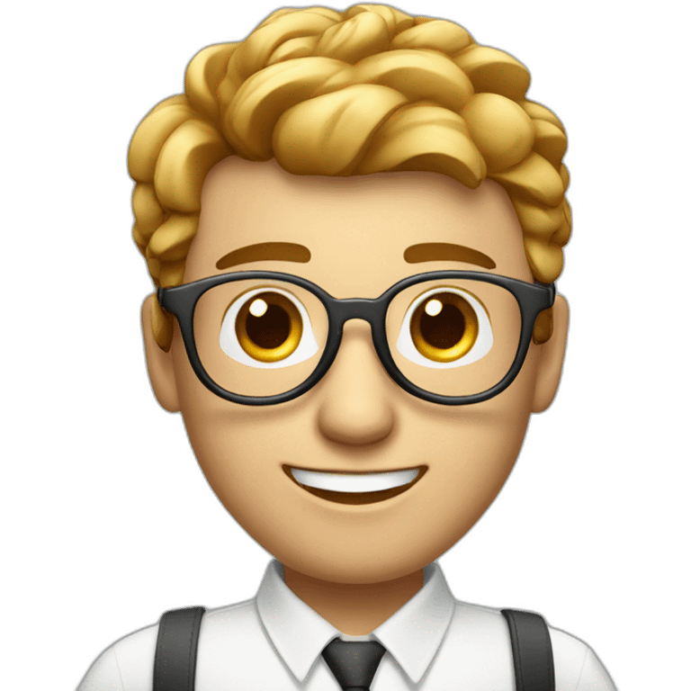 male virtual assistant with a smiling  holding a digital tablet or stylus wearing eye glasses and white shirt emoji