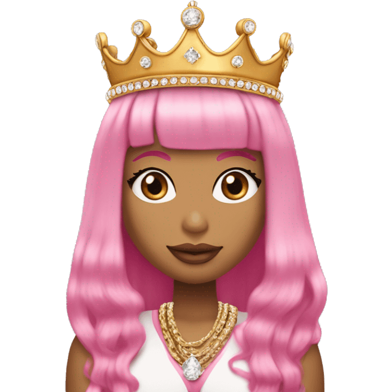 Nicki Minaj with a long pink bob and bangs and a diamond chain that says “queen”. She he’s a crown on her head  emoji