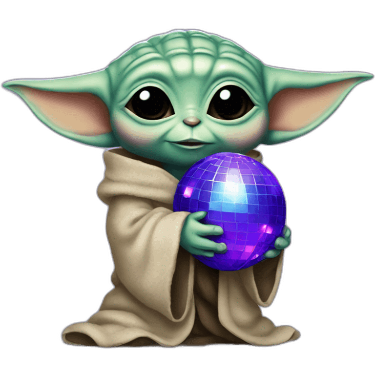 Baby yoda hugging a blue and purple disco ball emoji