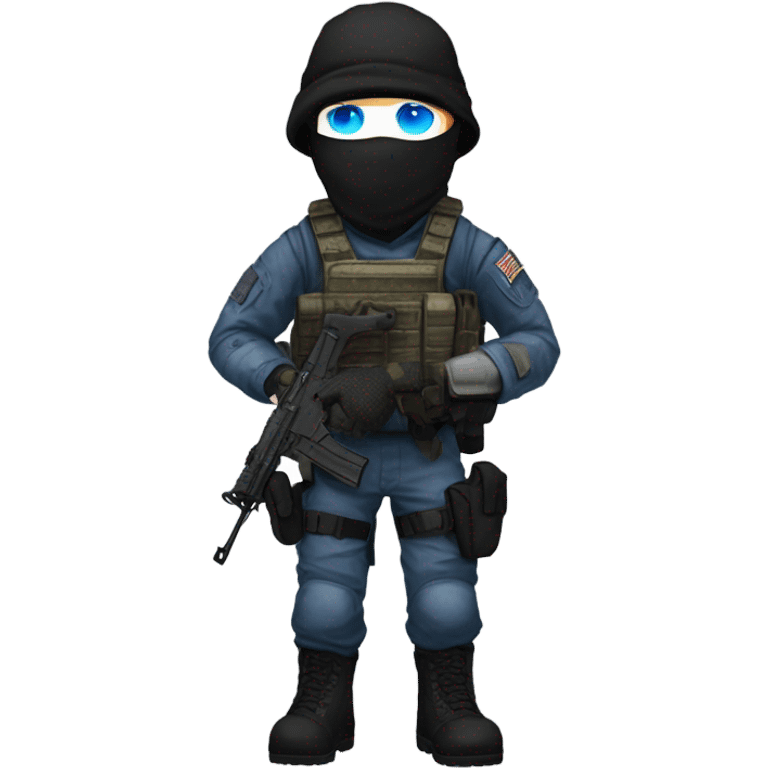 male, pale skin, call of duty face mask, camo tactical gear, combat boots, black beanie, blue eyes emoji